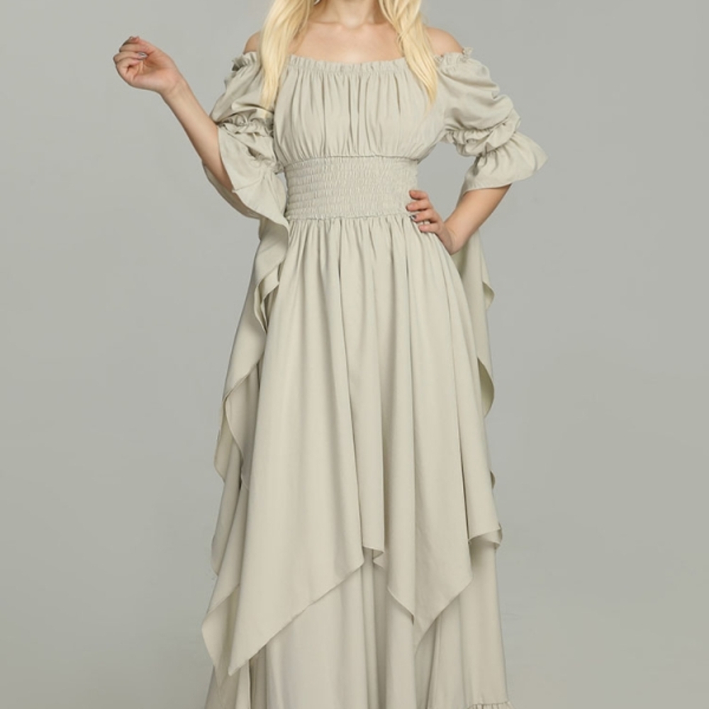 Cream Off-Shoulder Maxi Dress with Bishop Sleeves